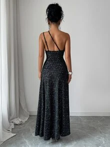 SHEIN Elenzya 女款法式風情不對稱領口抓皺腰部開衩緞帶晚宴禮服長裙，黑色性感夏季婚禮夜生活洋裝 - 黑色 - 查看 2