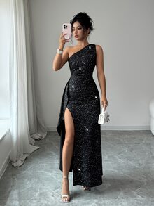 SHEIN Elenzya 女款法式風情不對稱領口抓皺腰部開衩緞帶晚宴禮服長裙，黑色性感夏季婚禮夜生活洋裝 - 黑色 - 查看 3