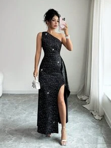 SHEIN Elenzya 女款法式風情不對稱領口抓皺腰部開衩緞帶晚宴禮服長裙，黑色性感夏季婚禮夜生活洋裝 - 黑色 - 查看 8