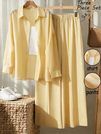 Franclia White And Yellow Summer Casual Vacation Women's Two-Piece Outfit,Collared Button Front Blouse,Drop Shoulder 3/4 Sleeves And Long Plain Skirt Set
