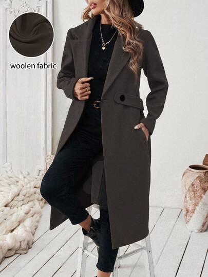 SHEIN 秋冬时尚缺口领驼色系带大衣