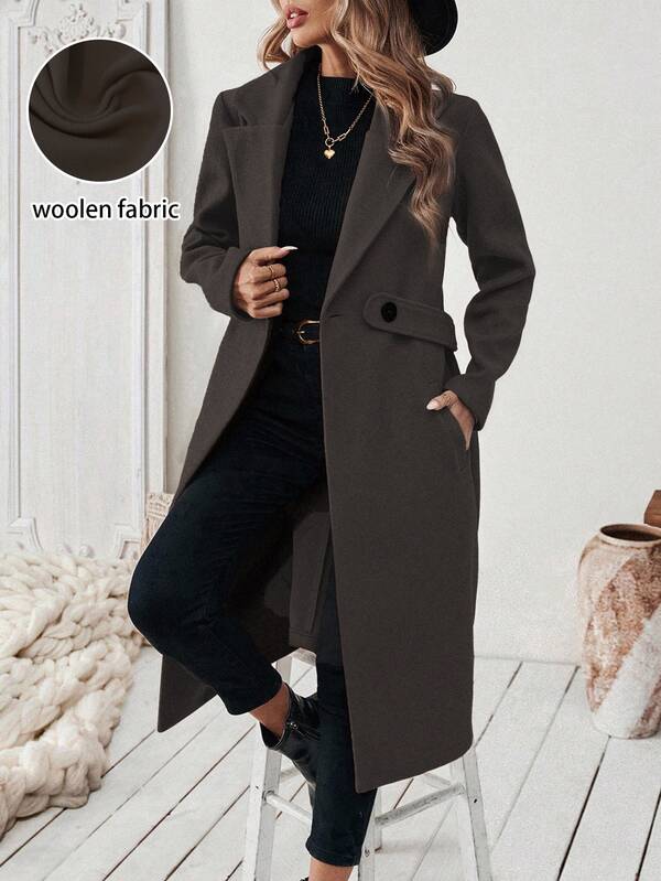 SHEIN Halloween Winter Coat Autumn/Winter Fashion Notched Collar Camel Color Belted Overcoat Fall Cloth For Women