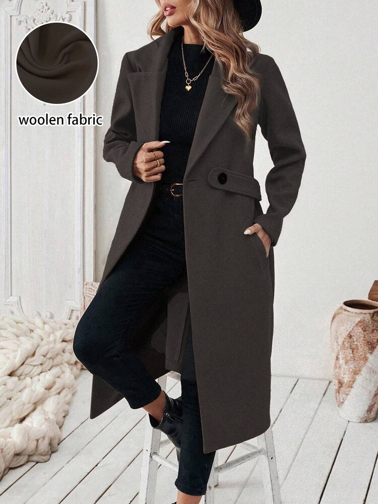 SHEIN Abrigo largo con cinturón de color camello con cuello entallado para otoño/invierno - Café integral - Añade 1