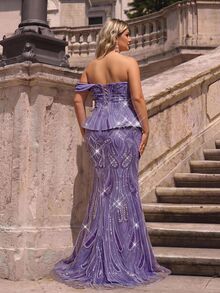 Glamrae Plus Size Elegant Classy Formal Luxurious Purple Sequin Beaded Bubble Embroidered Lace Patchwork Stretch Mesh Braided Rope Wedding Evening Dinner - Mauve Purple - View 9