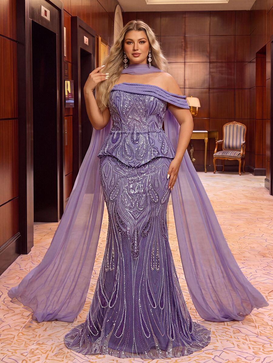 Glamrae Plus Size Elegant Classy Formal Luxurious Purple Sequin Beaded Bubble Embroidered Lace Patchwork Stretch Mesh Braided Rope Wedding Evening Dinner