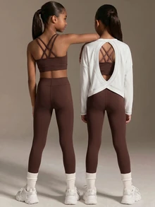 SHEIN مجموعة 3 قطع للفتيات المراهقات، كاميسول + بنطال ضيق + تي شيرت بأكمام طويلة، مجموعة 3 قطع، طرق متعددة للارتداء، مناسبة لمناسبات ودرجات حرارة مختلفة، سهلة، صالة الألعاب الرياضية - بني - مشاهدة 2