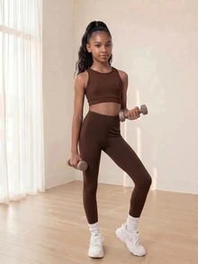 SHEIN مجموعة 3 قطع للفتيات المراهقات، كاميسول + بنطال ضيق + تي شيرت بأكمام طويلة، مجموعة 3 قطع، طرق متعددة للارتداء، مناسبة لمناسبات ودرجات حرارة مختلفة، سهلة، صالة الألعاب الرياضية - بني - مشاهدة 5