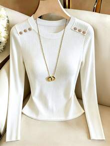 Rafferiza Women's White Ribbed Crew Neck Shoulder Button Long Sleeve T-Shirt, Slim Fit Elastic Flattering Early Autumn Commute Knit Base Layer Top - White - View 3