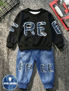 男嬰字母拼接圓領長袖衛衣與牛仔效果印花長褲休閒套裝 - 彩色 - 查看 4