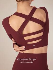 GLOWMODE FeatherFit™ Criss Cross Backless Cropped Sports Long Sleeve Tee Low Impact Yoga Pilates Daily - Burgundy - View 5