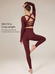 GLOWMODE FeatherFit™ Criss Cross Backless Cropped Sports Long Sleeve Tee Low Impact Yoga Pilates Daily - Burgundy - View 3