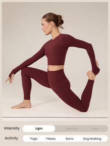 GLOWMODE FeatherFit™ Criss Cross Backless Cropped Sports Long Sleeve Tee Low Impact Yoga Pilates Daily - Burgundy - View 7