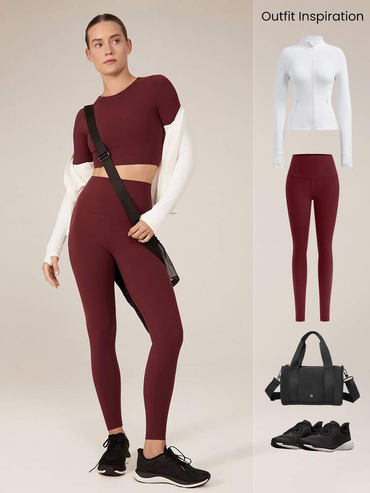 GLOWMODE FeatherFit™ Criss Cross Backless Cropped Sports Long Sleeve Tee Low Impact Yoga Pilates Daily - Burgundy - View 8