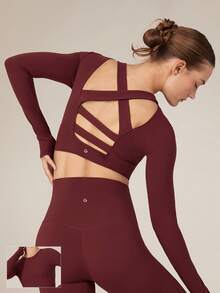 GLOWMODE FeatherFit™ Criss Cross Backless Cropped Sports Long Sleeve Tee Low Impact Yoga Pilates Daily - Burgundy - View 1
