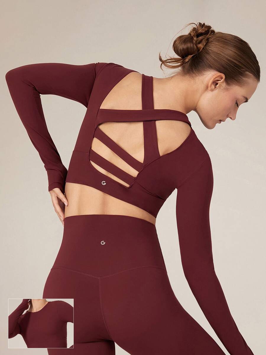GLOWMODE FeatherFit™ Criss Cross Backless Cropped Sports Long Sleeve Tee Low Impact Yoga Pilates Daily - Burgundy - View 1