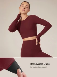 GLOWMODE FeatherFit™ Criss Cross Backless Cropped Sports Long Sleeve Tee Low Impact Yoga Pilates Daily - Burgundy - View 2