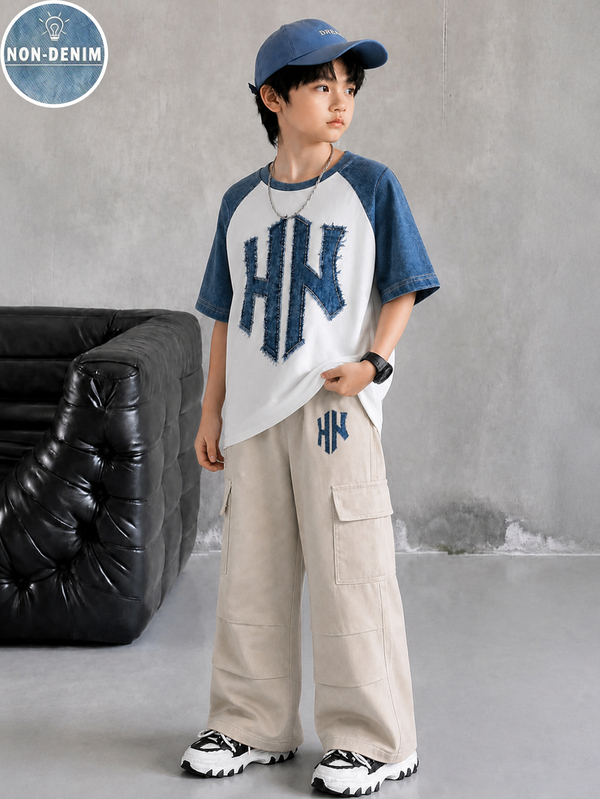 SHEIN 2pcs/Set Tween Boy Letter Vintage HK English Slogan Print, Colorblock Blue & White Boys Toddler Simple Digital Print, Outfit, Fashion Versatile, Casual Vacation Comfortable Crew Neck T-Shirt & Printed Long Pants, Boys Short Sleeve Straight Leg Cargo Pants Set, Short Sleeve Top, Suitable For All Seasons
