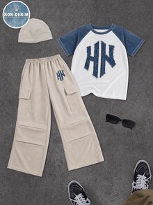SHEIN 2pcs/Set Tween Boy Letter Vintage HK English Slogan Print, Colorblock Blue & White Boys Toddler Simple Digital Print, Outfit, Fashion Versatile, Casual Vacation Comfortable Crew Neck T-Shirt & Printed Long Pants, Boys Short Sleeve Straight Leg Cargo Pants Set, Short Sleeve Top, Suitable For All Seasons - Multicolor - View 2