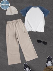 SHEIN 2pcs/Set Tween Boy Letter Vintage HK English Slogan Print, Colorblock Blue & White Boys Toddler Simple Digital Print, Outfit, Fashion Versatile, Casual Vacation Comfortable Crew Neck T-Shirt & Printed Long Pants, Boys Short Sleeve Straight Leg Cargo Pants Set, Short Sleeve Top, Suitable For All Seasons - Multicolor - View 3