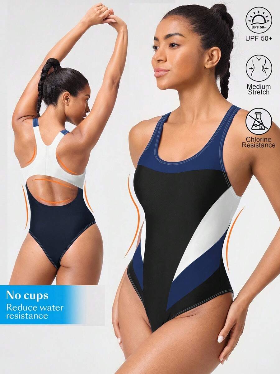 Swim Nautrix Solid Color Splicing One-Piece Swimsuit, Casual/Sports Style For Spring/Resort For Summer Beach Vacation - Multicolor - View 1