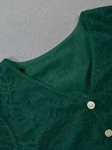 GlowEve Women's V-Neck Lace Trim Blouse - Dark Green - View 3