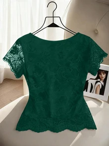 GlowEve Women's V-Neck Lace Trim Blouse - Dark Green - View 2