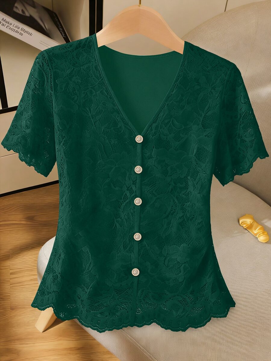 GlowEve Women's V-Neck Lace Trim Blouse - Dark Green - View 1