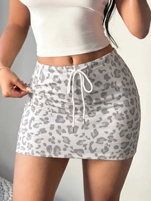 SHEIN SXY 大尺碼女款抽繩腰身貼身休閒豹紋裙 秋季 - 彩色 - 查看 5