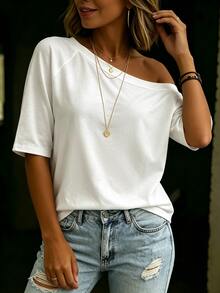 RosyDaze Plus Size White Off-Shoulder Off-Shoulder Mid-Sleeve T-Shirt Women French Slouchy Loose Fit Off-The-Shoulder Solid Color Casual Slimming Short Sleeve Top - White - View 3