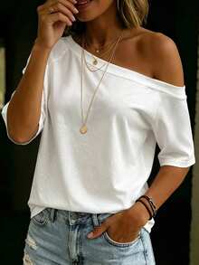 RosyDaze Plus Size White Off-Shoulder Off-Shoulder Mid-Sleeve T-Shirt Women French Slouchy Loose Fit Off-The-Shoulder Solid Color Casual Slimming Short Sleeve Top - White - View 1