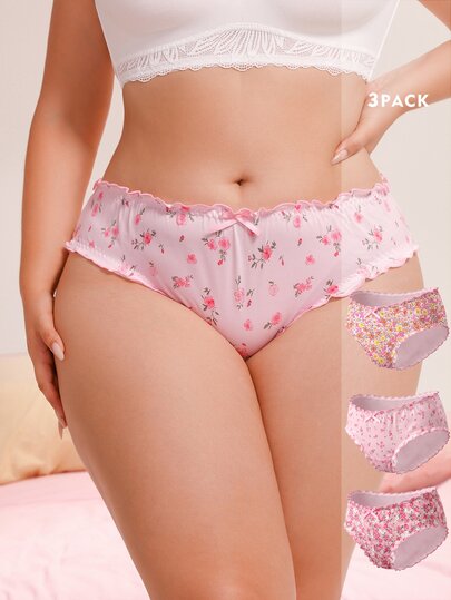 Nora Wilde 3pcs Plus Size Women's Gentle Pink Ditsy Floral Triangle Panties Set