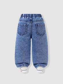 Genkimix Kids 女嬰牛仔褲 夏季新品 可愛休閒 中藍色水洗牛仔 破洞磨損設計 附粉色蝴蝶結裝飾 鬆緊腰 寬鬆直筒版型 舒適棉質 日常穿著 度假出遊街頭風 - 中等水洗藍 - 查看 3
