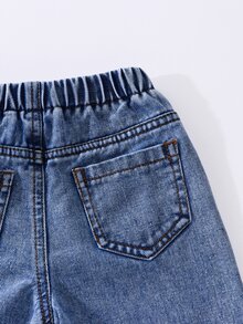 Genkimix Kids 女嬰牛仔褲 夏季新品 可愛休閒 中藍色水洗牛仔 破洞磨損設計 附粉色蝴蝶結裝飾 鬆緊腰 寬鬆直筒版型 舒適棉質 日常穿著 度假出遊街頭風 - 中等水洗藍 - 查看 7