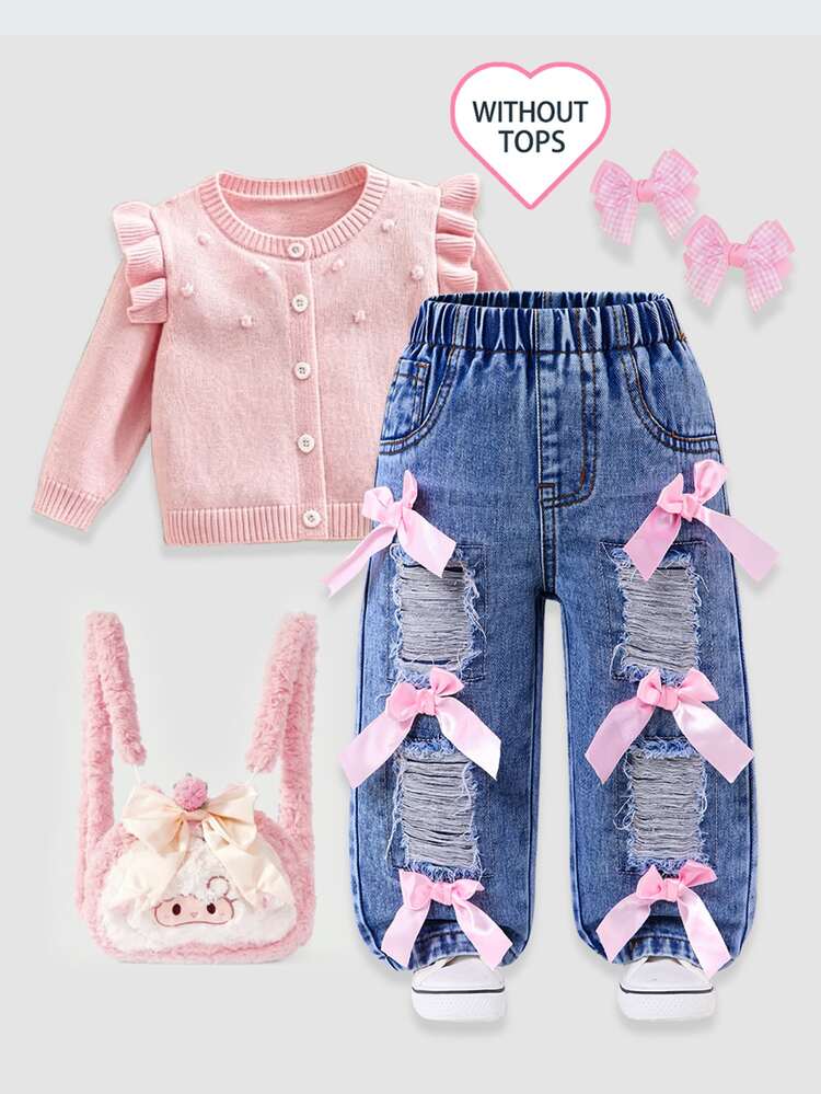Genkimix Kids 女嬰牛仔褲 夏季新品 可愛休閒 中藍色水洗牛仔 破洞磨損設計 附粉色蝴蝶結裝飾 鬆緊腰 寬鬆直筒版型 舒適棉質 日常穿著 度假出遊街頭風 - 中等水洗藍 - 查看 1