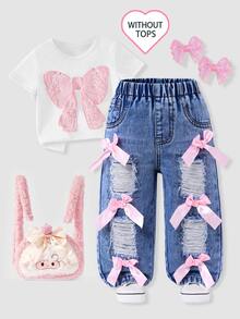 Genkimix Kids 女嬰牛仔褲 夏季新品 可愛休閒 中藍色水洗牛仔 破洞磨損設計 附粉色蝴蝶結裝飾 鬆緊腰 寬鬆直筒版型 舒適棉質 日常穿著 度假出遊街頭風 - 中等水洗藍 - 查看 5