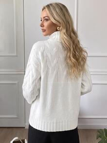 SHEIN LUNE Suéter de cuello alto de punto de cable para mujer, jersey de punto de otoño e invierno - Blanco - Ver 2