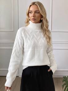 SHEIN LUNE Suéter de cuello alto de punto de cable para mujer, jersey de punto de otoño e invierno - Blanco - Ver 5