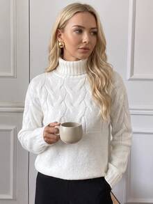 SHEIN LUNE Suéter de cuello alto de punto de cable para mujer, jersey de punto de otoño e invierno - Blanco - Ver 6
