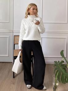 SHEIN LUNE Suéter de cuello alto de punto de cable para mujer, jersey de punto de otoño e invierno - Blanco - Ver 4