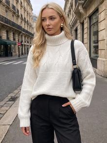 SHEIN LUNE Suéter de cuello alto de punto de cable para mujer, jersey de punto de otoño e invierno - Blanco - Ver 1