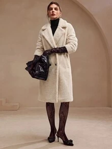 Anewsta Lapel Neck Double Button Fuzzy Coat - Beige - View 7