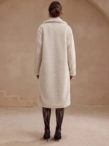 Anewsta Lapel Neck Double Button Fuzzy Coat - Beige - View 2