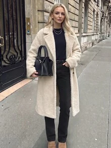 Anewsta Lapel Neck Double Button Fuzzy Coat - Beige - View 3