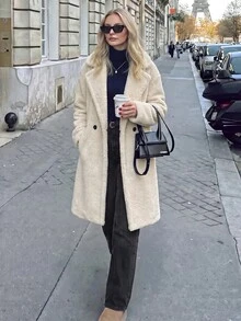 Anewsta Lapel Neck Double Button Fuzzy Coat - Beige - View 1