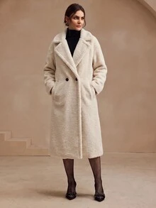Anewsta Lapel Neck Double Button Fuzzy Coat - Beige - View 5