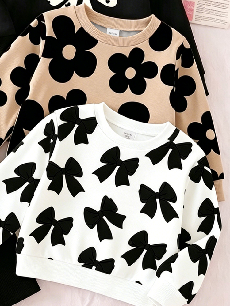 Kotak Misteri Set Acak untuk Bayi Perempuan, Sweatshirt Lengan Panjang Berkerah Bulat Motif Bunga yang Manis & Menggemaskan dengan Motif Pita, Celana yang Serasi, Gaya Kasual Minimalis - MultiWarna - View 3