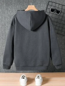 SHEIN 青少年男孩休閒學院風韓式寬鬆布料大字母圖案長袖連帽套頭衛衣，秋季校園穿搭 - 深灰色 - 查看 2