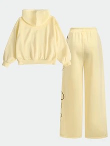 SHEIN Tween女孩秋冬休閒街頭風針織奶油色多巴胺淡黃色保暖內裡字母印花連帽口袋衛衣與運動褲兩件套，適合返校與日常穿著 - 黃色 - 查看 4