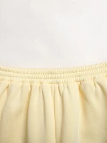 SHEIN Tween女孩秋冬休閒街頭風針織奶油色多巴胺淡黃色保暖內裡字母印花連帽口袋衛衣與運動褲兩件套，適合返校與日常穿著 - 黃色 - 查看 9