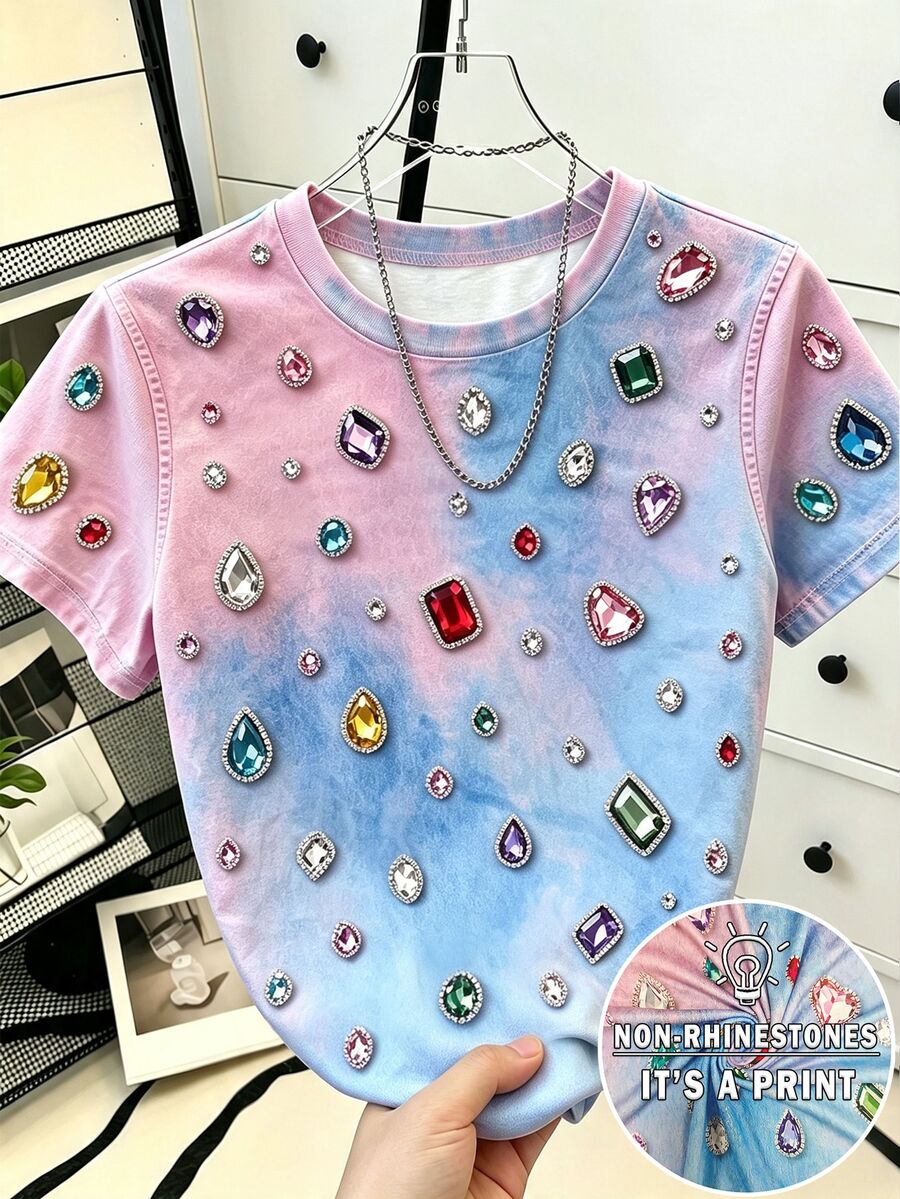 Resyla 女款彩色水鑽裝飾休閒日常短袖T恤 - 彩色 - 查看 1